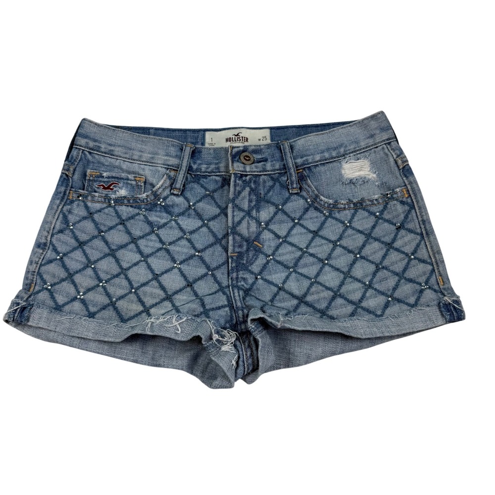 VTG Y2K Hollister Studded Denim Micro Mini Shorts Cut Off Low/Mid Rise Size 1 25
